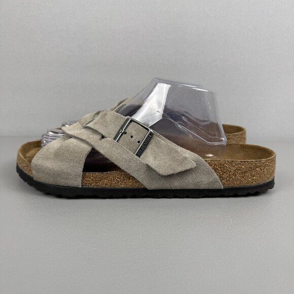 Birkenstock Sandals Men 44 US 11 Taupe Lugano Soft Footbed Suede Leather Slip On - Picture 3 of 9